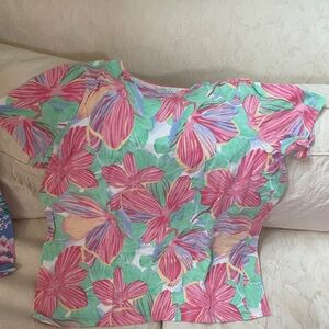 Talbots Pink and Green Floral Short Sleeve Top